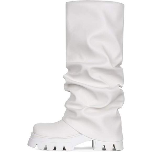 Women's White Leather Glitter Metallic Wide Calf Pleated Fold Over Mid Calf Boot - Picture 1 of 7